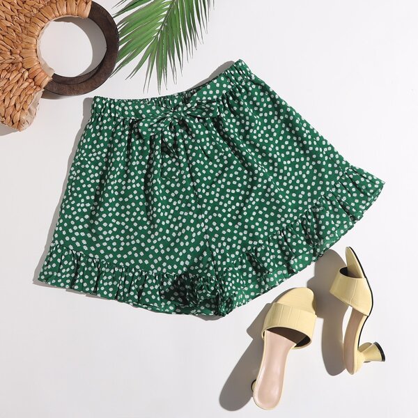 

Ditsy Floral Ruffle Hem Belted Shorts, Green