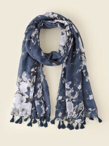 小碎花圖案流蘇下擺圍巾 - 藏蓝色 - 查看 1