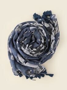 小碎花圖案流蘇下擺圍巾 - 藏蓝色 - 查看 2