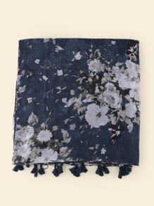 小碎花圖案流蘇下擺圍巾 - 藏蓝色 - 查看 3