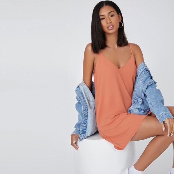 

Double V-neck Solid Slip Dress, Coral orange