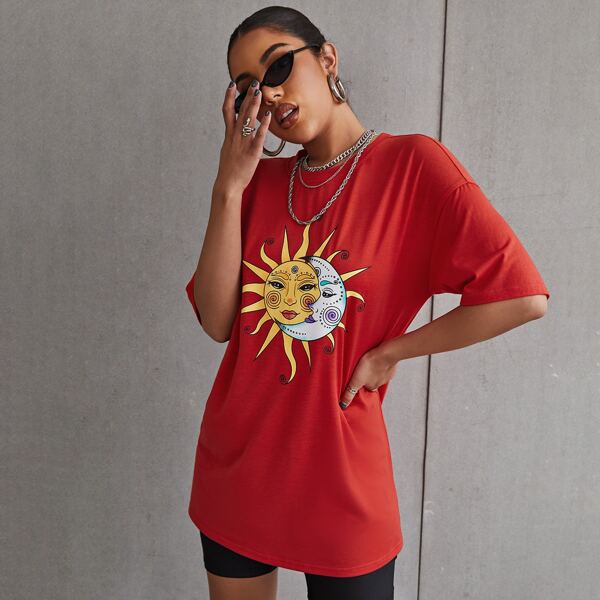 

Sun And Moon Graphic Drop Shoulder Tee, Burnt orange