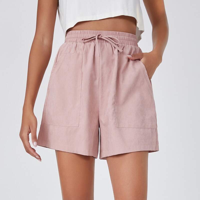 

Drawstring Waist Slant Pocket Solid Shorts, Dusty pink
