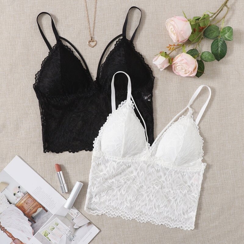 

2pack Floral Lace Longline Bralette, Black and white