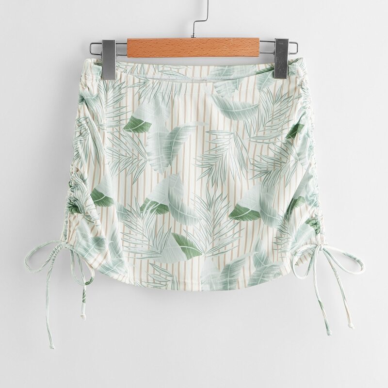 

Stripe & Leaf Print Drawstring Bikini Skirt, Multicolor