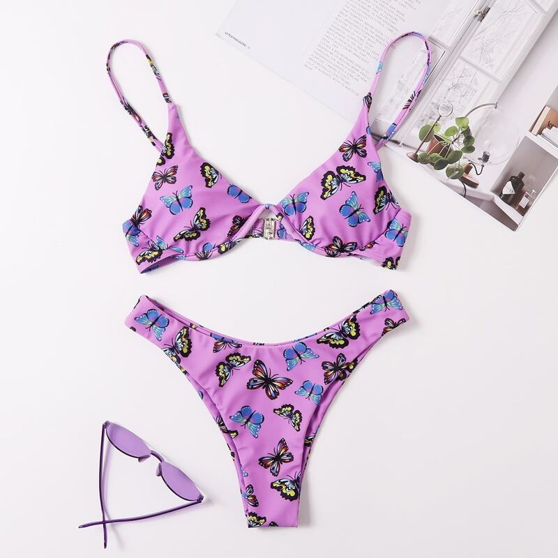 

Butterfly Underwire High Leg Bikini Swimsuit, Multicolor