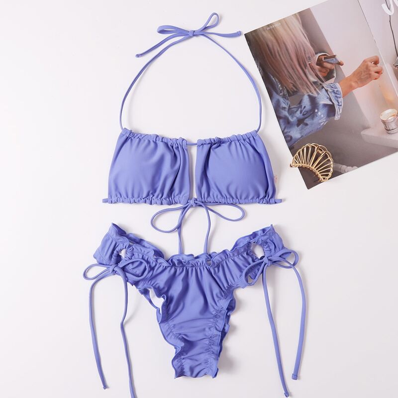 

Frill Trim Drawstring Bikini Swimsuit, Blue
