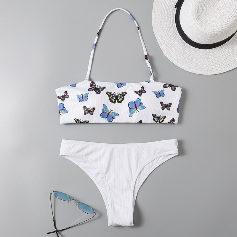 

Butterfly Print Halter Bikini Swimsuit, Multicolor