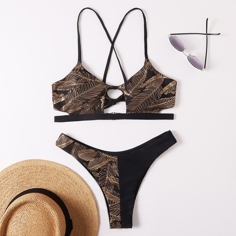 

Leaf Print Cut-out Bikini Swimsuit, Multicolor