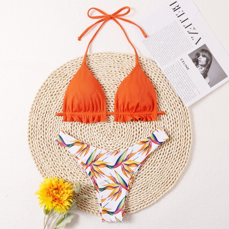 

Leaf Print Frill Trim Bikini Swimsuit, Multicolor