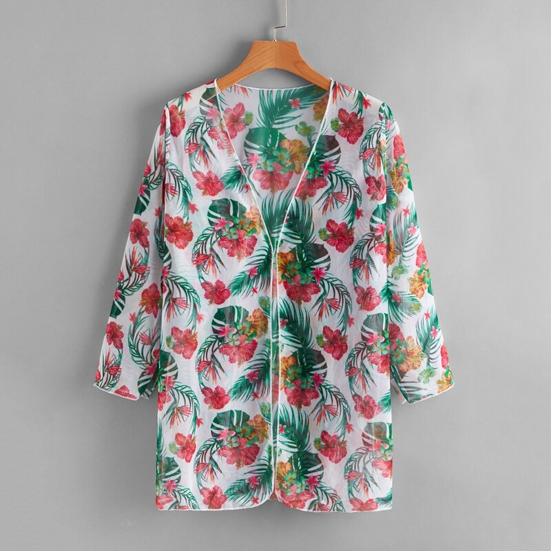 

Floral & Leaf Print Sheer Kimono, Multicolor