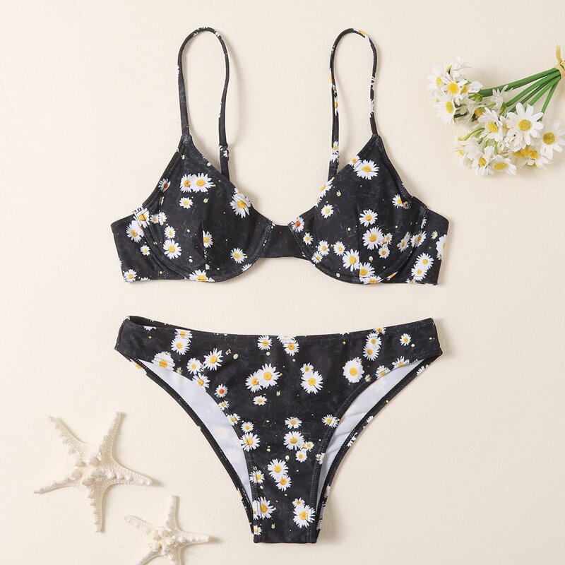 

Daisy Floral Underwire Bikini Swimsuit, Black