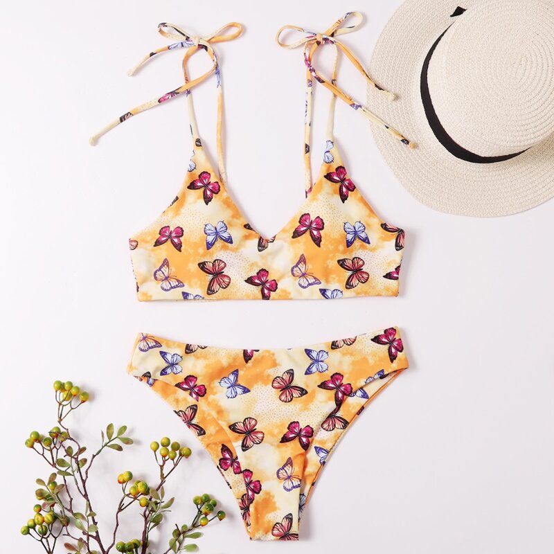 

Butterfly Print Tie Shoulder Bikini Swimsuit, Multicolor