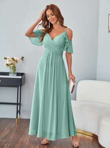 Split Thigh Cold Shoulder Chiffon Dress - Mint Green - View 1