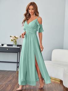 Split Thigh Cold Shoulder Chiffon Dress - Mint Green - View 3