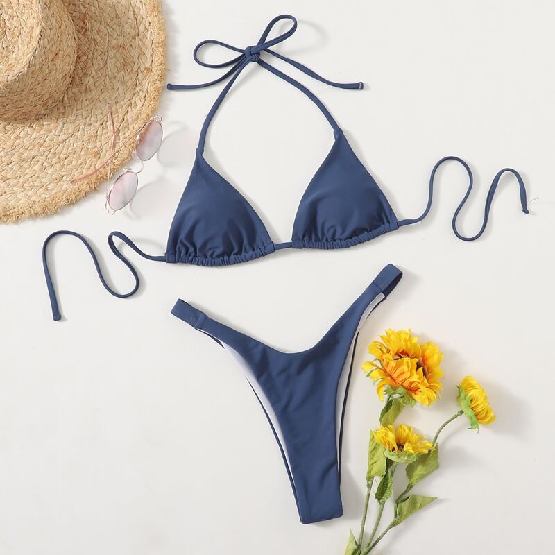 

Solid Triangle Thong Bikini Swimsuit, Dusty blue
