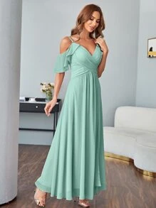 Split Thigh Cold Shoulder Chiffon Dress - Mint Green - View 4