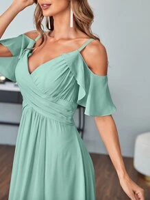 Split Thigh Cold Shoulder Chiffon Dress - Mint Green - View 5