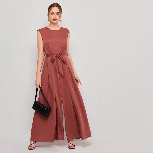 

Solid Zipper Back Wide Leg Belted Jumpsuit, Redwood