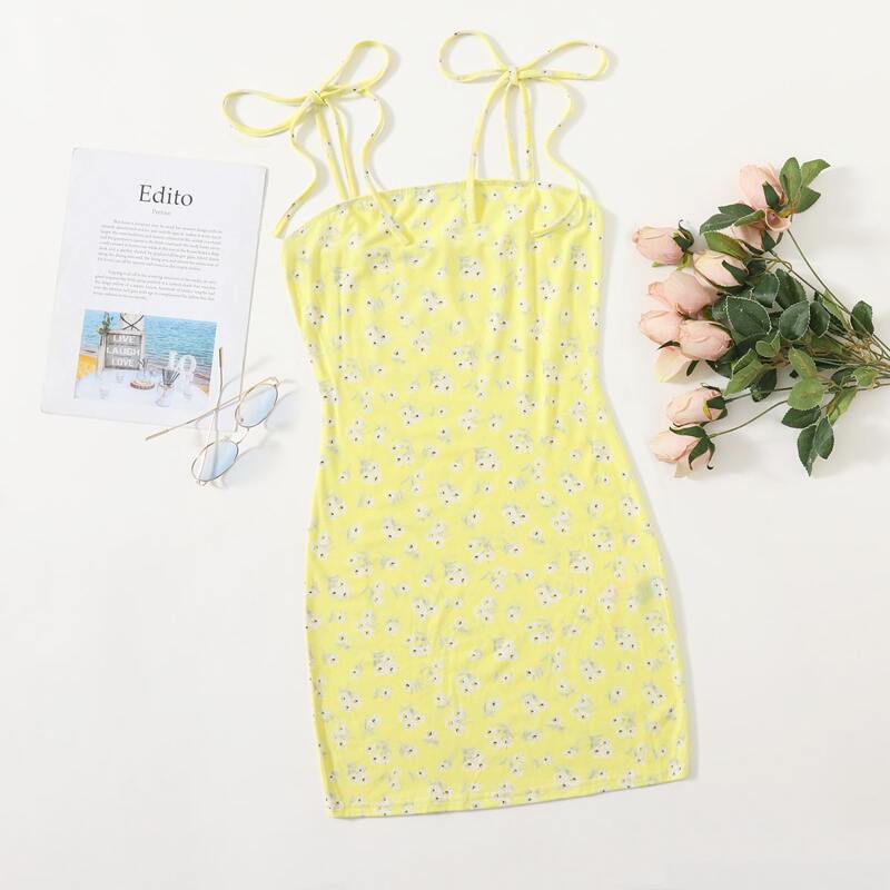 

Tie Shoulder Ditsy Floral Cami Bodycon Dress, Yellow