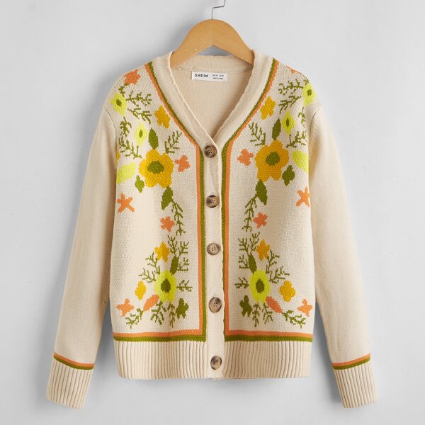

Girls Single Breasted Floral Pattern Cardigan, Beige