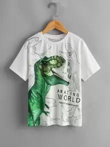 SHEIN 男孩字母和恐龍圖案T恤 - 白色 - 查看 1
