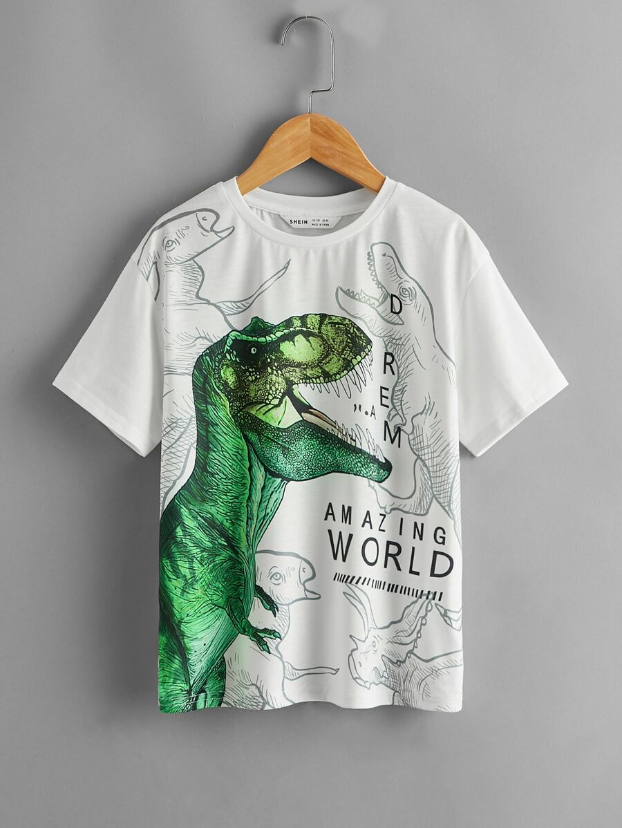 SHEIN 男孩字母和恐龍圖案T恤 - 白色 - 查看 1