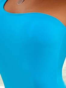 One Shoulder One Piece Swimsuit - Blue - View 3
