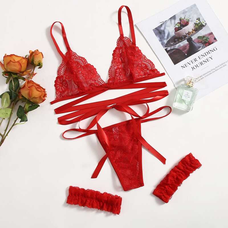 

3pack Criss-Cross Thong Lingerie Set, Red