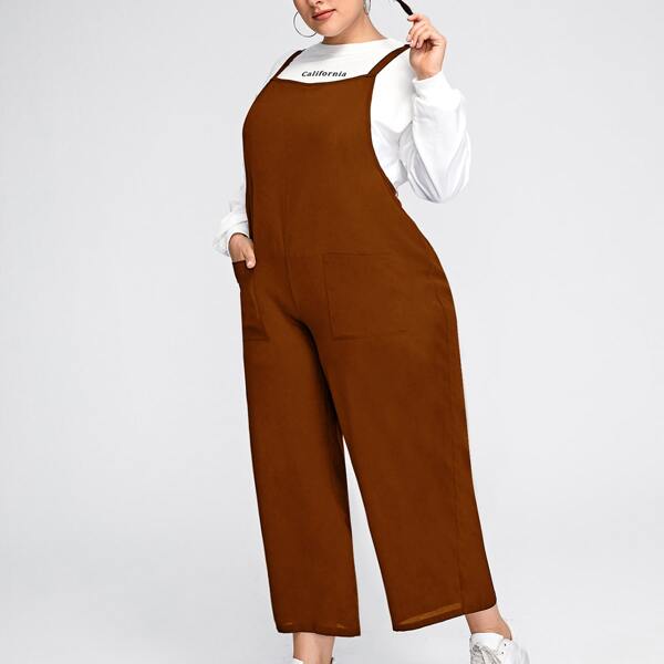 

Plus Wide Leg Overall Jumpsuit Without Sweatshirt, Coffee brown