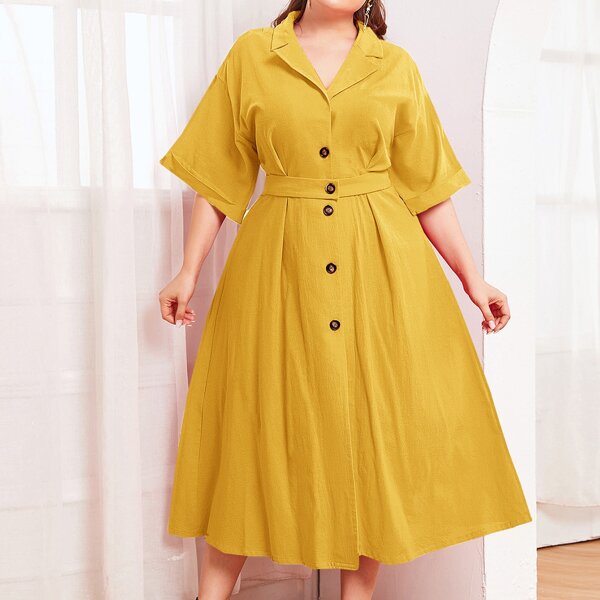 

Plus Notched Collar Single Breasted Shirt Dress, Yellow