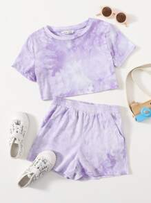 SHEIN Girls Tie Dye Tee & Track Shorts Set - Lilac Purple - View 1