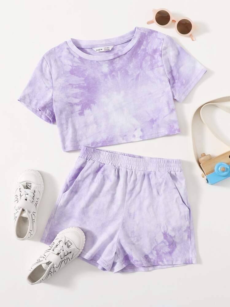 SHEIN Girls Tie Dye Tee & Track Shorts Set - Lilac Purple - View 1