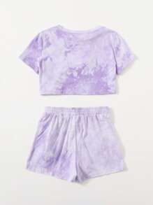 SHEIN Girls Tie Dye Tee & Track Shorts Set - Lilac Purple - View 2