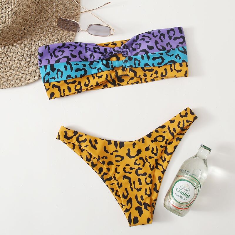 

Leopard Cut-out Bandeau Bikini Swimsuit, Multicolor