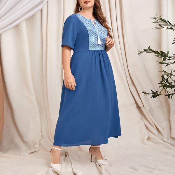 

Plus Tassel Tie Neck Argyle Print Dress, Blue