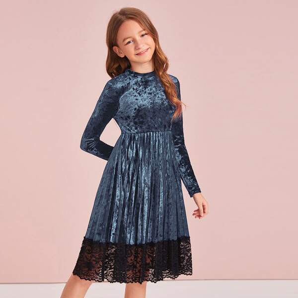 

Girls Lace Hem Pleated Velvet Dress, Navy blue
