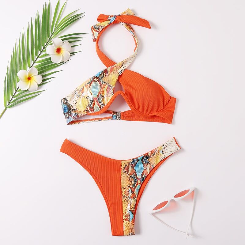 

Snakeskin Print Underwire Bikini Swimsuit, Multicolor