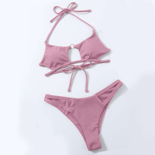 

Rib Cut-out Halter Bikini Swimsuit, Pink