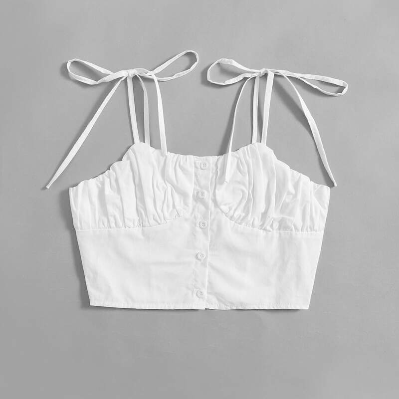 

Ruched Bust Button Front Tie Shoulder Cami, White