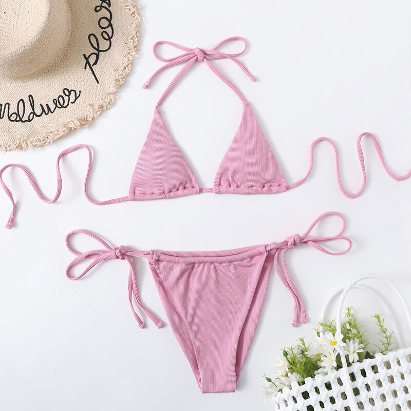

Ribbed Triangle Tie Side Bikini Swimsuit, Pink