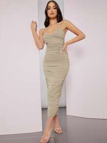 SHEIN BAE Solid Ruched Bodycon Dress - Khaki - View 1