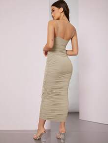 SHEIN BAE Solid Ruched Bodycon Dress - Khaki - View 2