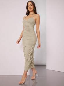SHEIN BAE Solid Ruched Bodycon Dress - Khaki - View 3