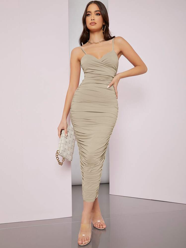 SHEIN BAE Solid Ruched Bodycon Dress - Khaki - View 4