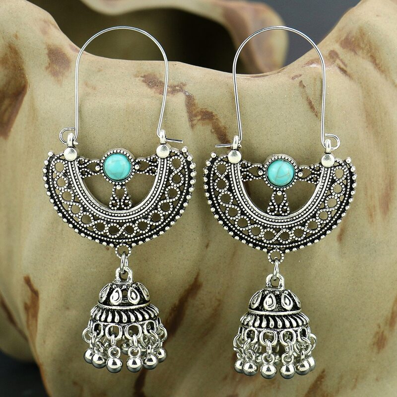 

Bohemian Jhumka Bell Drop Earrings, Antique silver