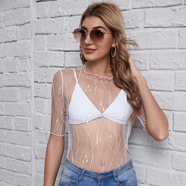 

Lettuce Edge Sheer Mesh Top Without Bra, White
