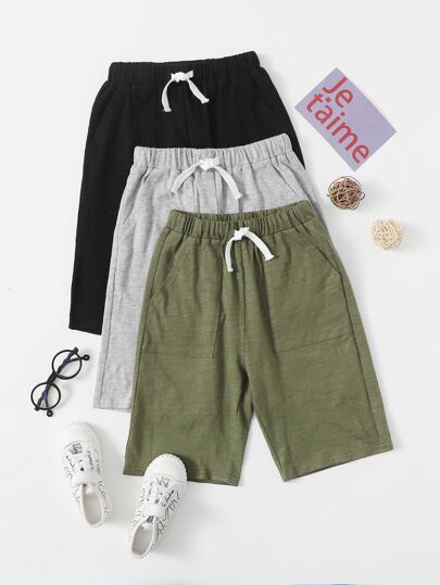 SHEIN Boys 3 Packs Drawstring Pocket Track Shorts