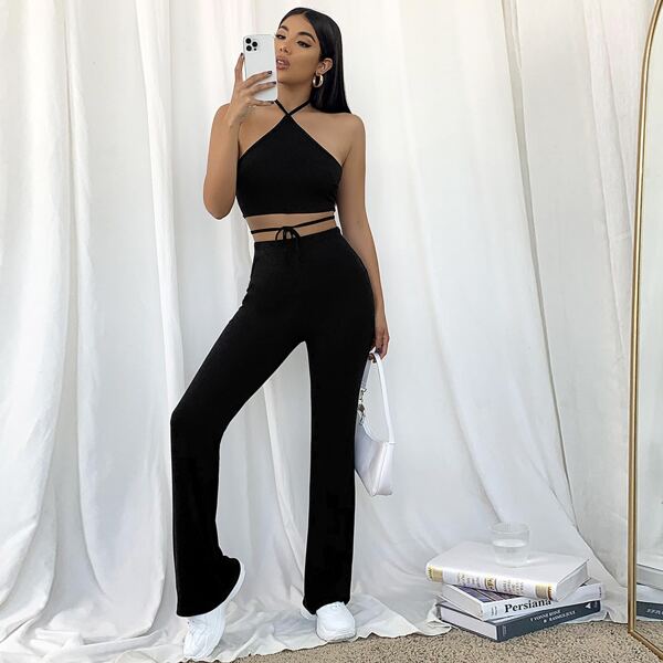 

Halterneck Tie Back Crop Top & Pants Set, Black