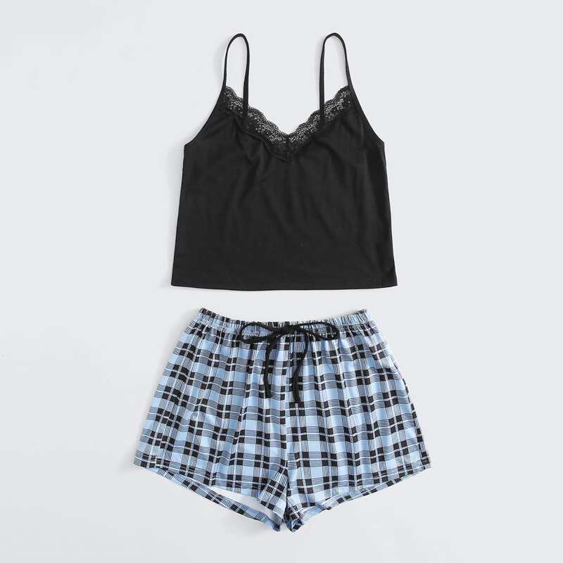 

Lace Insert Cami & Plaid Shorts PJ Set, Multicolor